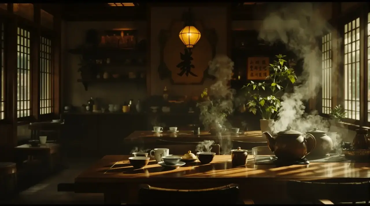 老城茶事短剧剧照，复古胶片质感画面