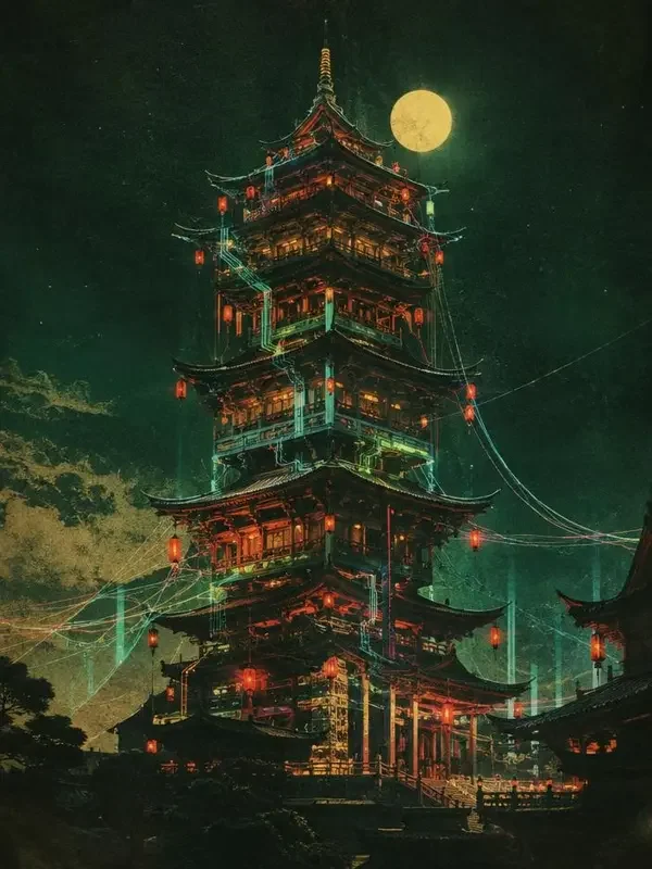 赛博长安短剧封面，AI短剧，题材古风、科幻、权谋